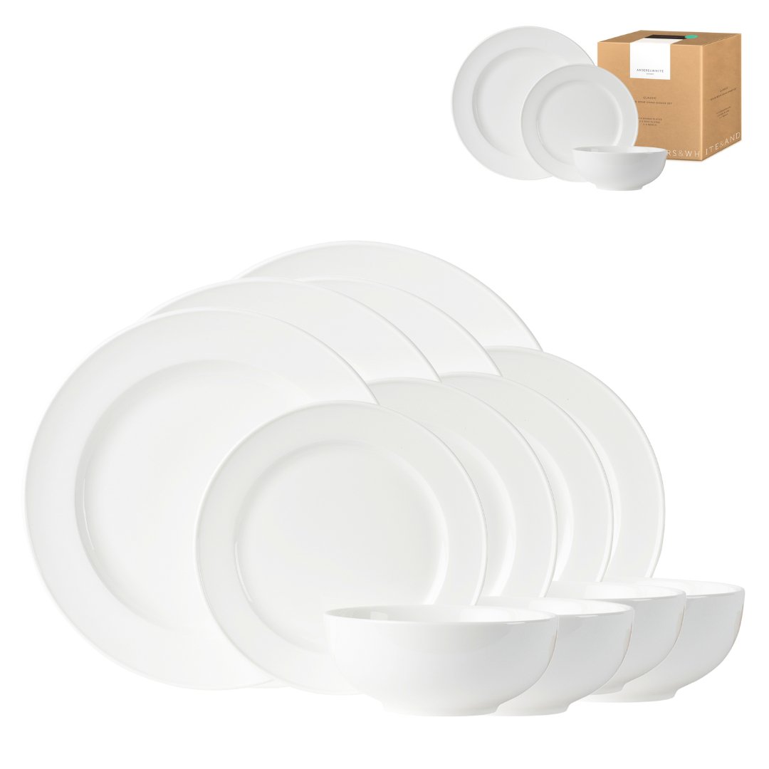 True White Contemporary Bone China Dinner Set CLASSICA (12 Pieces). - Anders & White