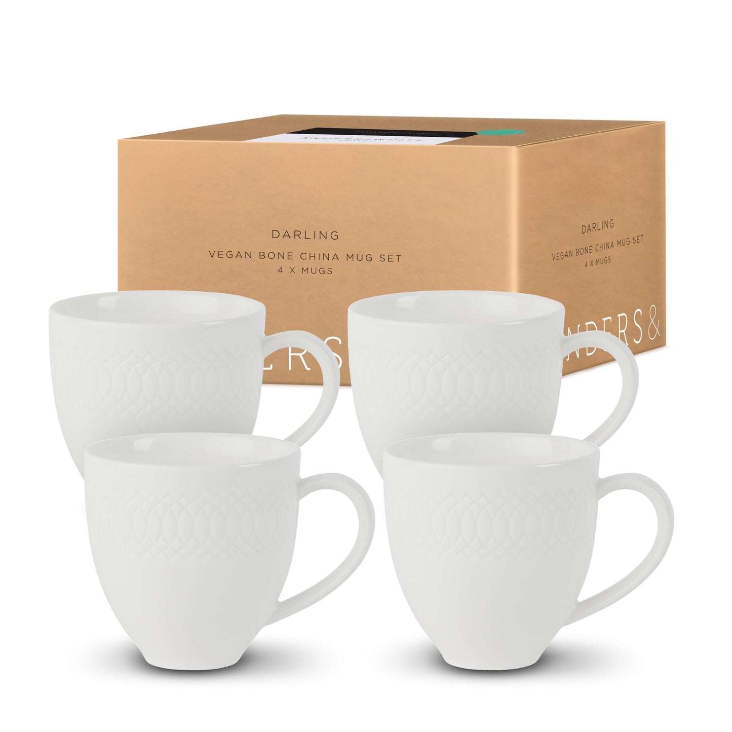 White Bone China Mug Set 'Darling' (4x 320ml Mugs). - Anders & White