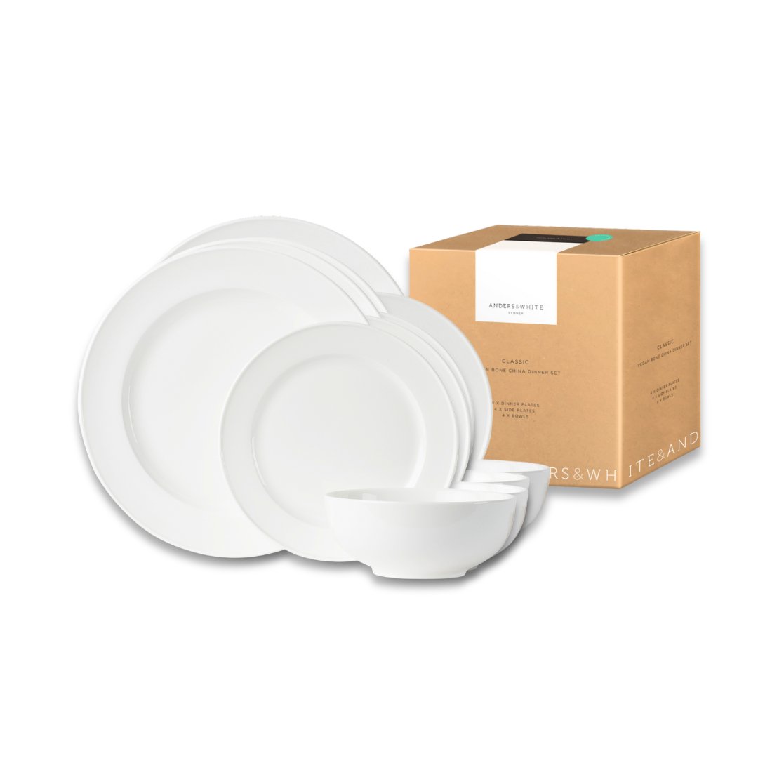 Luxury White Ethical Bone China Dinner Set CLASSICA (12 Pieces). - Anders & White