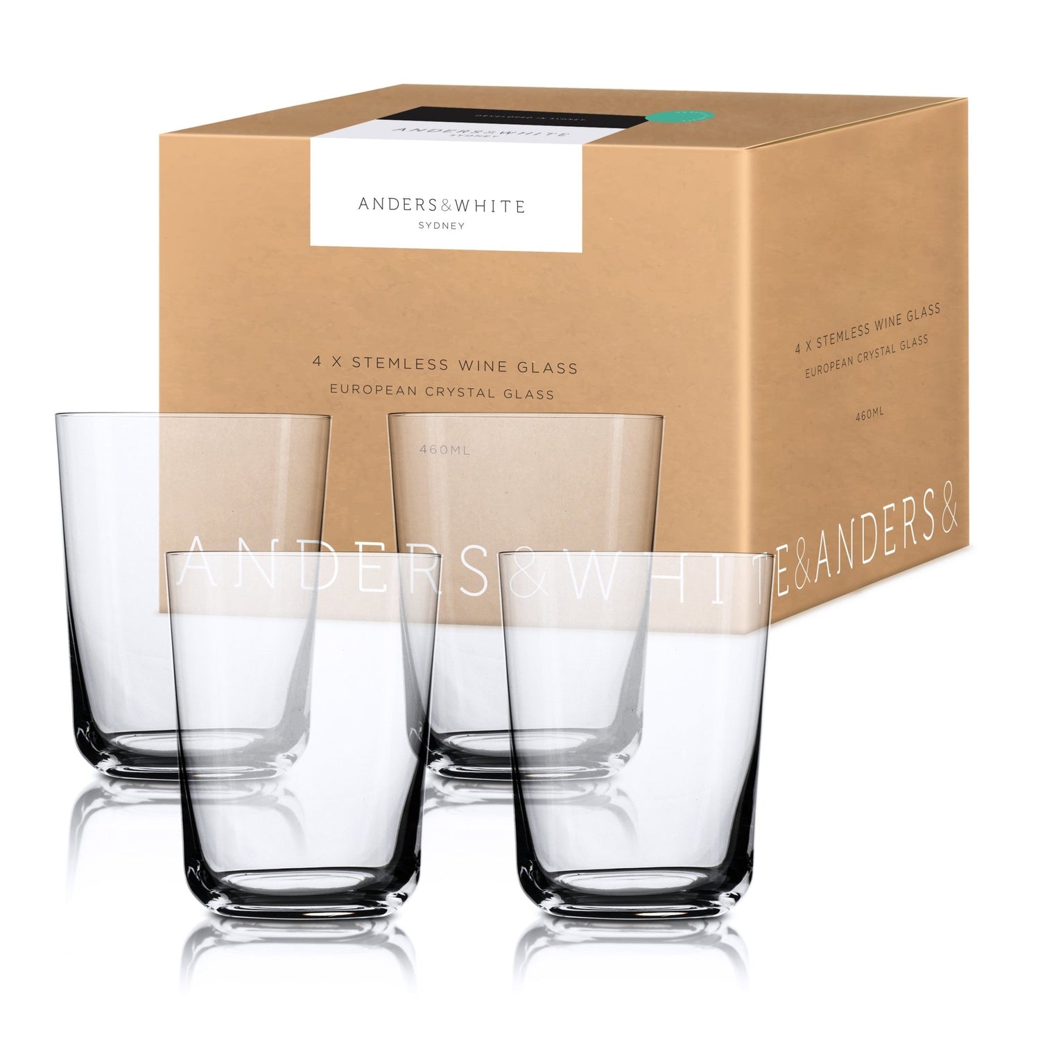 Crystal Drinking Glass. European Designed (445ml). 4x Glasses. Perfect Water or Beer Tumbler. - Anders & White