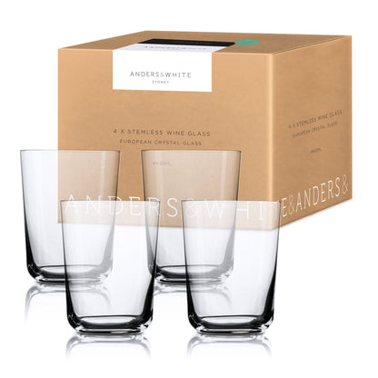 Crystal Drinking Glass. European Designed (445ml). 4x Glasses. Perfect Water or Beer Tumbler. - Anders & White