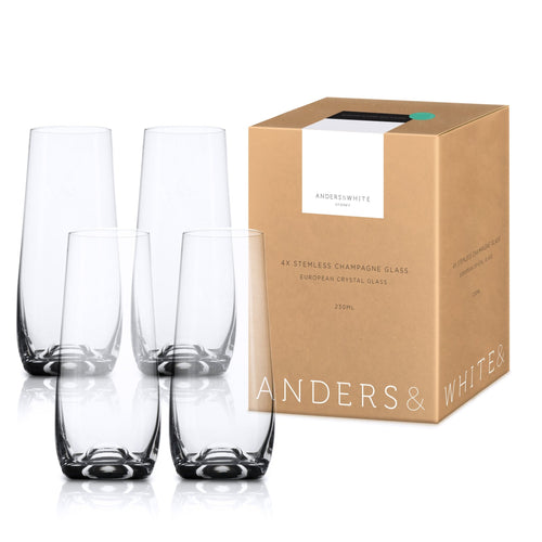 Stemless Crystal Champagne Flute Glasses. European Designed. Lead Free. 'Hosking' (230ml) 4x Glasses - Anders & White