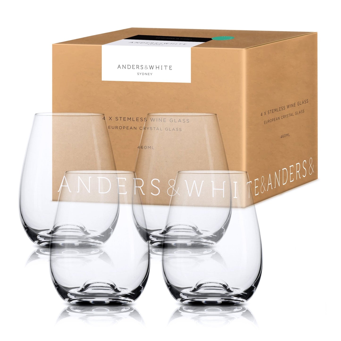 Stemless Crystal Wine Glasses. European. Lead Free. 'Hosking' (460ml) 4x Glasses - Anders & White